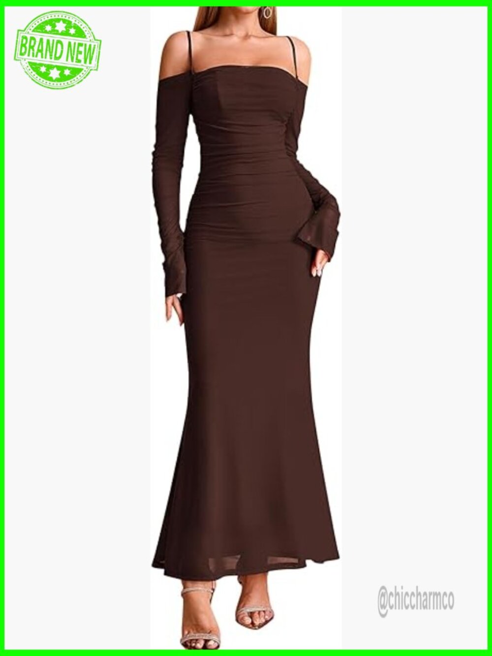 Long Sleeve Mesh Maxi Dress Formal Bodycon Ruched Wedding Guest